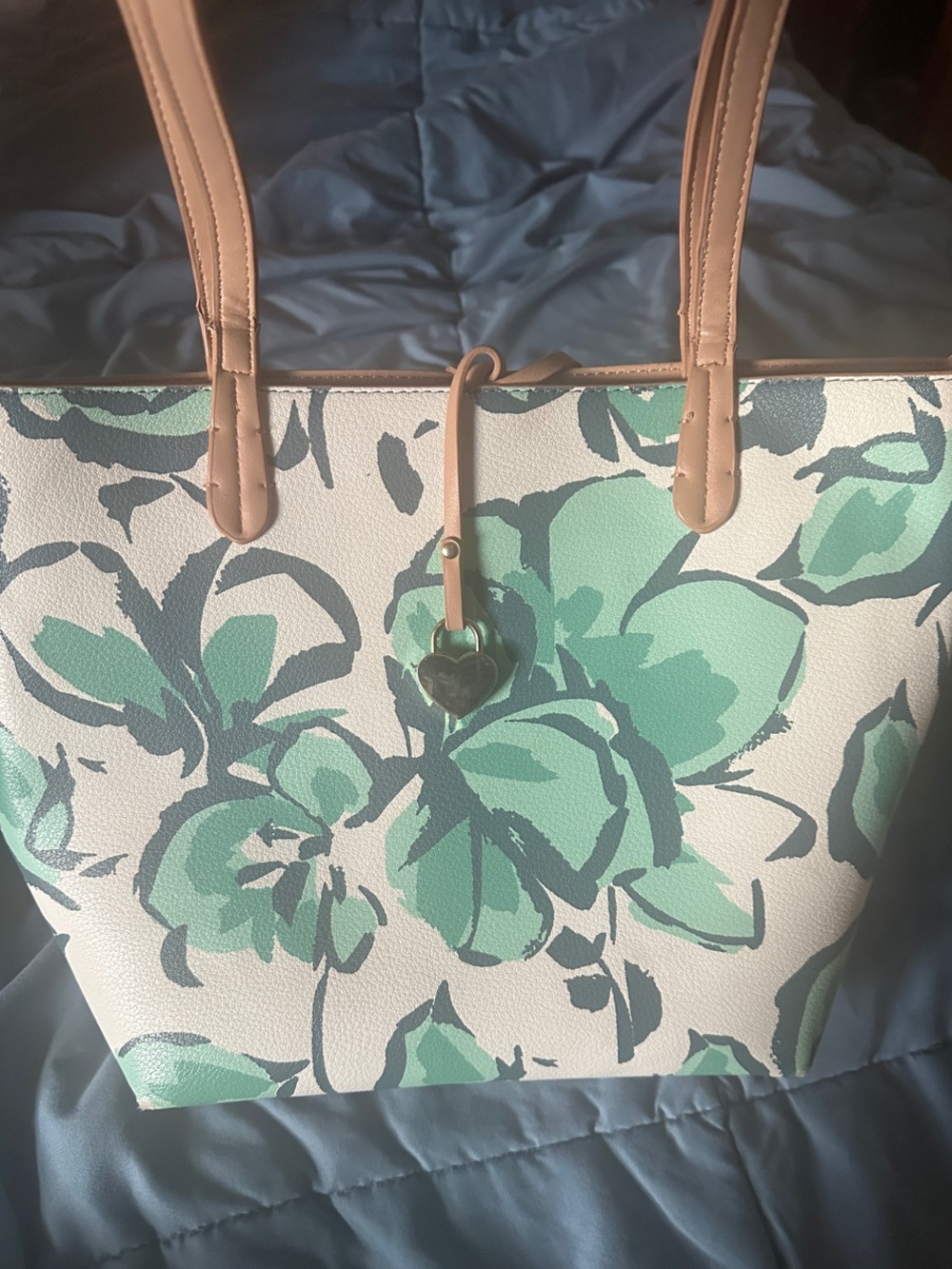 Emma Fox Cream Tote with Green Floral Print and Tan Straps - Picture 5 of 5